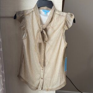 Draper James Sleeveless Tie Neck Button Front Shimmering Gold Blouse